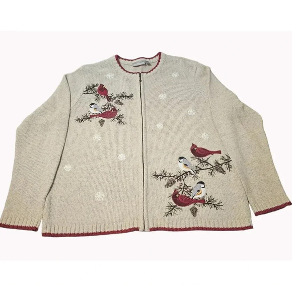Beautiful Cardinal and Chickadee Croft & Barrow Full Zip Cardigan LG - Picture 1 of 9
